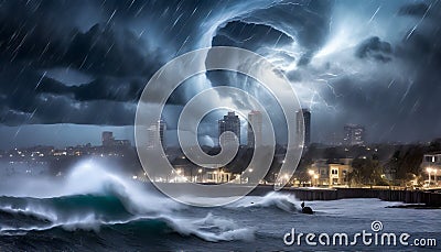 Storm in the metropolis. A huge hurricane. AI generated Stock Photo