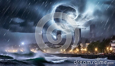 Storm in the metropolis. A huge hurricane. AI generated Stock Photo