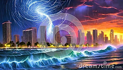 Storm in the metropolis. A huge hurricane. AI generated Stock Photo