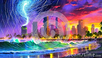 Storm in the metropolis. A huge hurricane. AI generated Stock Photo