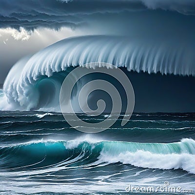 a storm in the middle of the ocean with huge waves and grey Cartoon Illustration