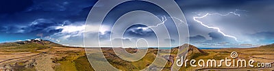 Storm over Iceland volcano, Saxholl Crater, panoramic aerial view Stock Photo