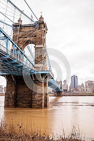 Storm over Suspension Bridge Newport Kentucky Cincinnati Ohio Ri Stock Photo