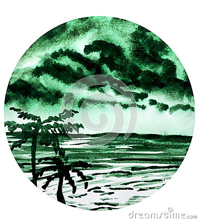 Green stormy seascape watercolor illustration Cartoon Illustration