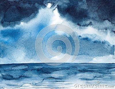 Storm seascape watercolor painted Stock Photo