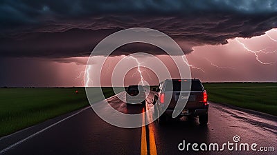 storm in the storm He was driving on the road, heading home after a long day. He saw the supercell thunderstorm looming Stock Photo