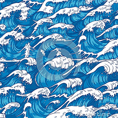 Storm waves seamless pattern. Raging ocean water, sea wave and vintage japanese storms print vector illustration Vector Illustration