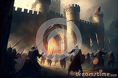 storming a medieval fortress, with an army of soldiers fighting their way to the castle gates Stock Photo