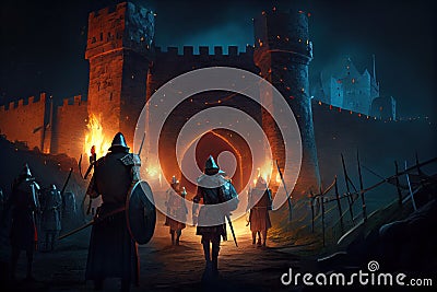 storming a medieval fortress by night, with torches illuminating the battle Stock Photo