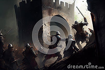 storming a medieval fortress, with small group of soldiers scaling the walls and entering the castle Stock Photo