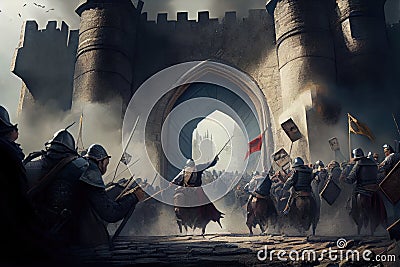 storming medieval fortress, with troops scaling the walls and breaking down the gates Stock Photo