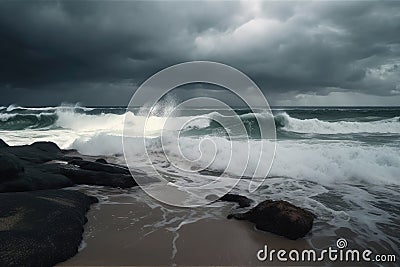 stormy beach with crashing waves and dramatic sky Stock Photo