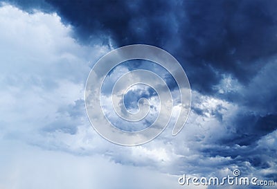 Stormy cloudy sky panorama, dark blue thunderclouds, white fluffy cumulus clouds closeup, rainy thunderstorm landscape, overcast Stock Photo