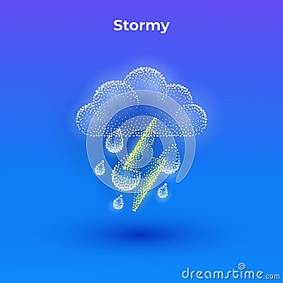 Stormy 3d icon with transparent effect. Halftone weather simple icon with minimalistic clouds drops and lightning shapes. Dots Vector Illustration