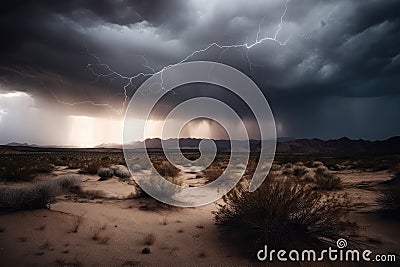 stormy desert landscape with lightning and rolling thunder Stock Photo