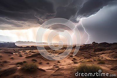 stormy desert landscape with lightning and rolling thunder Stock Photo