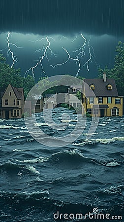 Stormy disaster strikes, submerging houses in torrential rainwaters Stock Photo