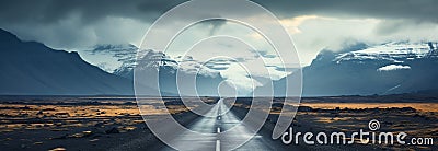 Stormy Icelandic road: Asphalt path leads to mountains under a brooding sky Stock Photo