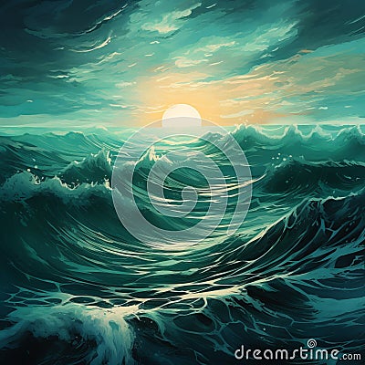 Teal Surrealism Seascape Abstract Painting Cartoon Illustration