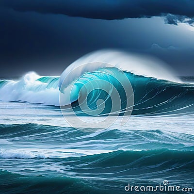 Stormy sea at Heavy A strong storm with big waves in the Night Illustration for Cartoon Illustration