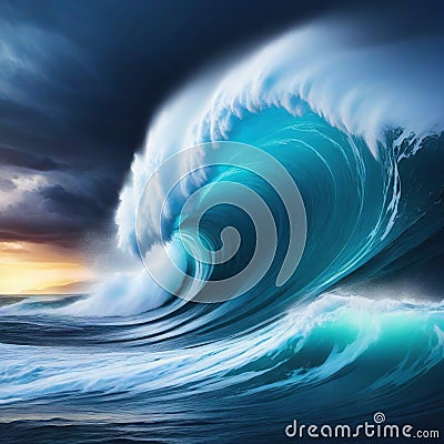 Stormy sea at Heavy A strong storm with big waves in the Night Illustration for Cartoon Illustration