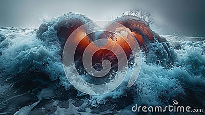 Stormy sea waves forms a heart shape. Made With Generative IA. Stock Photo