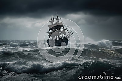 stormy seas, with pirate ship sailing through choppy waves Stock Photo