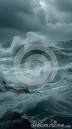 Stormy seascape Raging ocean waves in cloudy, turbulent weather Stock Photo