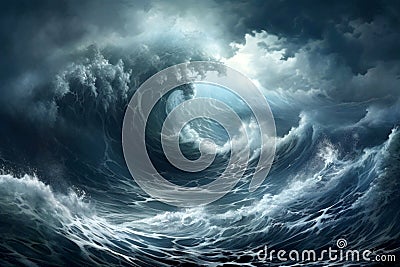 Stormy Seascape. Sea Swell. Ominous Grey Waves with Foam. Dramatic Marine Themes. AI Generated. Stock Photo