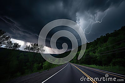 stormy sky above scenic highway, with flashes of lighting and rolling thunder Stock Photo