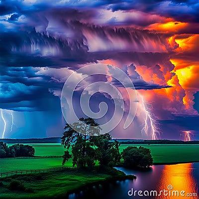 Stormy sky with multiple cloud to ground lightning strikes. Generative AI Stock Photo