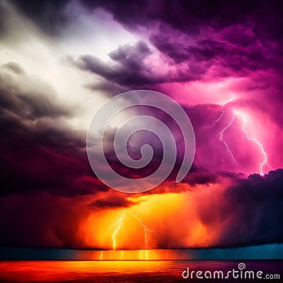 A stormy sky with multiple cloud to ground lightning strikes, generative ai Stock Photo