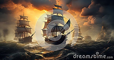 Stormy Sky Wooden Warships Battle at Sea Stock Photo