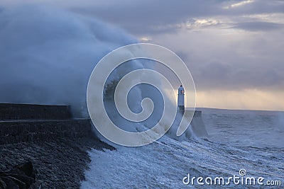 Stormy weather at Porthcawl lighthouse, South Wales, UK. Editorial Stock Photo