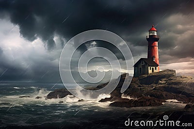 stormy weather surrounding an isolated lighthouse Stock Photo