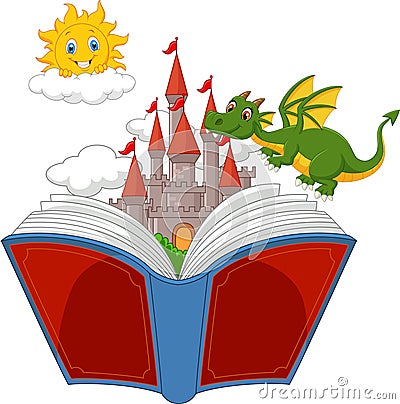 Story book with cartoon castle, dragon and sun Vector Illustration