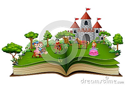 Story book with cartoon princesses and princes in front of a castle Vector Illustration