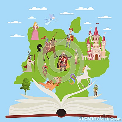 Story book. Child educational books with stories fairytale and fantasy characters for imagination reading vector Vector Illustration