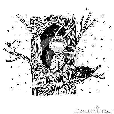 The story about a bunny, tree, hollow, nest, bird and heart. Vector Illustration