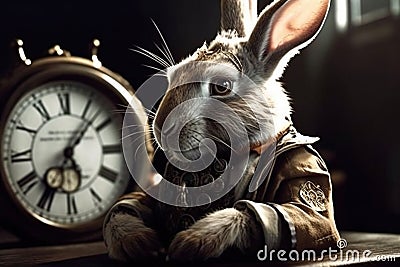 Story of the imagination Alice in Wonderland, White Herald rabbit, Cheshire Cat, fantastic forest landscape, mushrooms Stock Photo