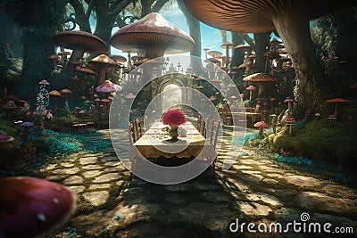 Story of the imagination Alice in Wonderland, White Herald rabbit, Cheshire Cat, fantastic forest landscape, mushrooms Stock Photo