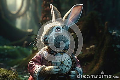 Story of the imagination Alice in Wonderland, White Herald rabbit, Cheshire Cat, fantastic forest landscape, mushrooms Stock Photo