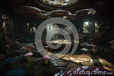 Story of the imagination Alice in Wonderland, White Herald rabbit, Cheshire Cat, fantastic forest landscape, mushrooms Stock Photo