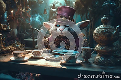 Story of the imagination Alice in Wonderland, White Herald rabbit, Cheshire Cat, fantastic forest landscape, mushrooms Stock Photo