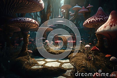 Story of the imagination Alice in Wonderland, White Herald rabbit, Cheshire Cat, fantastic forest landscape, mushrooms Stock Photo