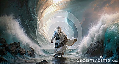 The story of Moses parting the Red Sea. Ai generated illustration Stock Photo