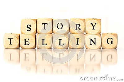 Story Telling spelled word, dice letters with reflection Stock Photo
