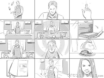 Storyboard about man cooking Stock Photo