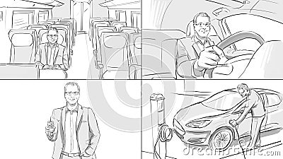 Storyboard with a man in different transport Stock Photo