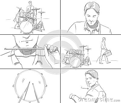 Storyboard with man playing drums Stock Photo